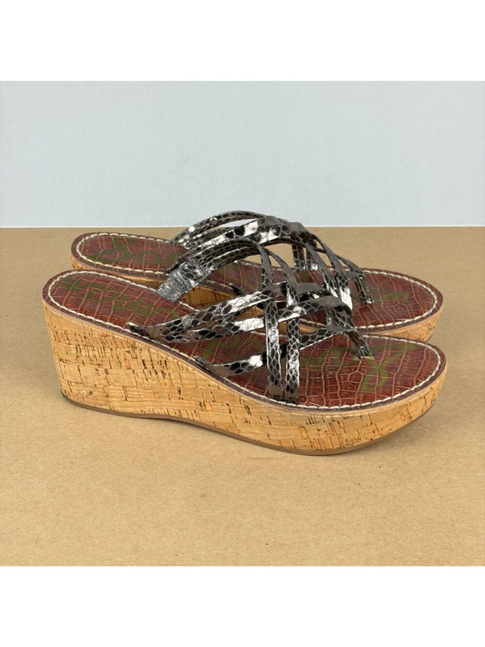 Sam Edelman Randy Cork Wedge Sandals Womens 8.5 Pewter Tan Slip In Toe Loop - Picture 3 of 9